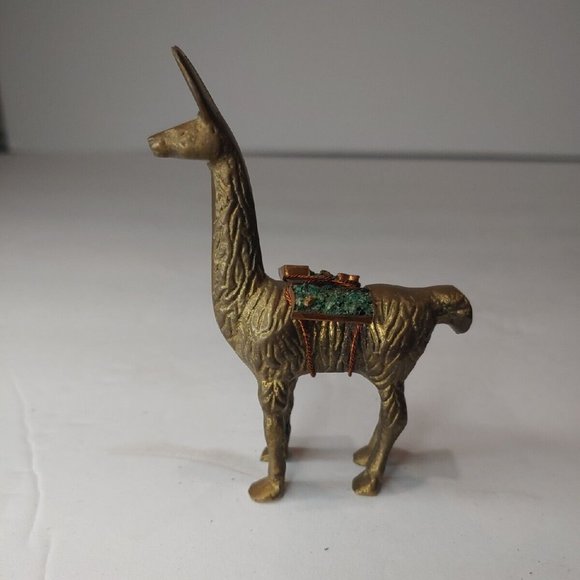 LLAMA Art Vintage Llama Alpaca Brass 4 Figure Animal W Copper Saddle Bags Mining Statue
